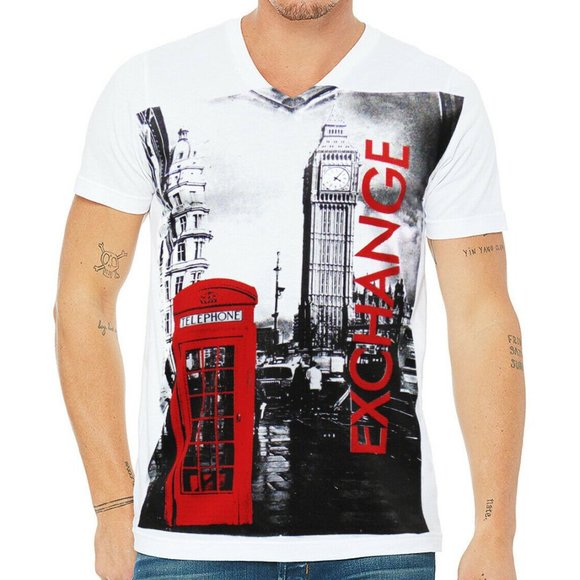 NWT EXCHANGE RED TELEPHONE MEN'S WHITE V-NECK SHORT SLEEVE T-SHIRT SIZE S M L XL - Picture 1 of 4